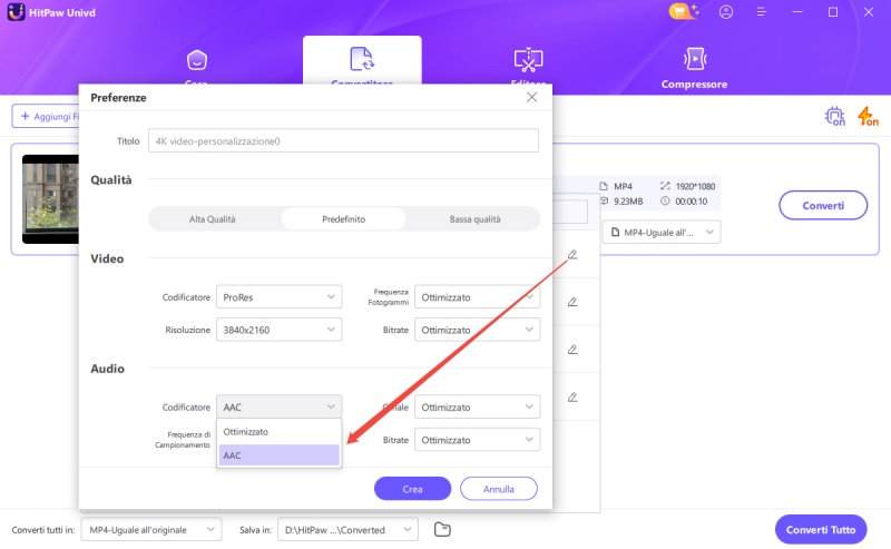 scegli aac come encoder audio