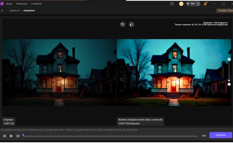 before-and-after comparison of low-light video enhancement