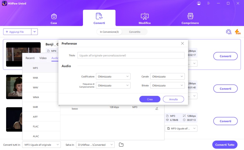modifica parametri audio