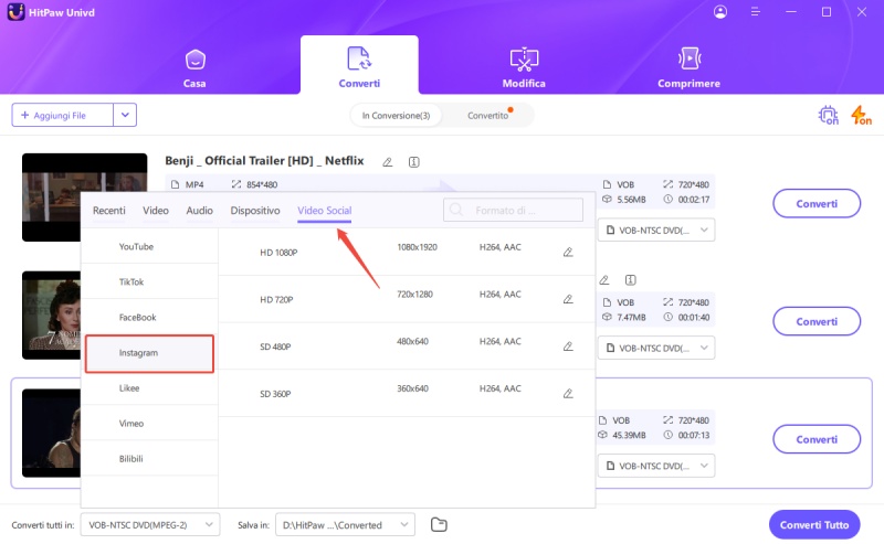 convertire video per instagram