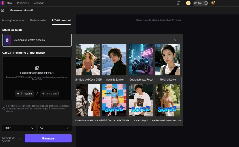 seleziona effetti creativi