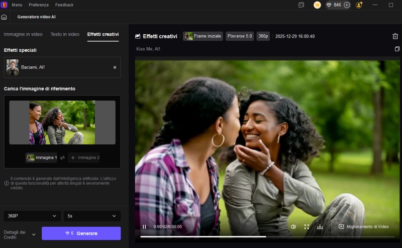 Avvia la generazione di video con effetti